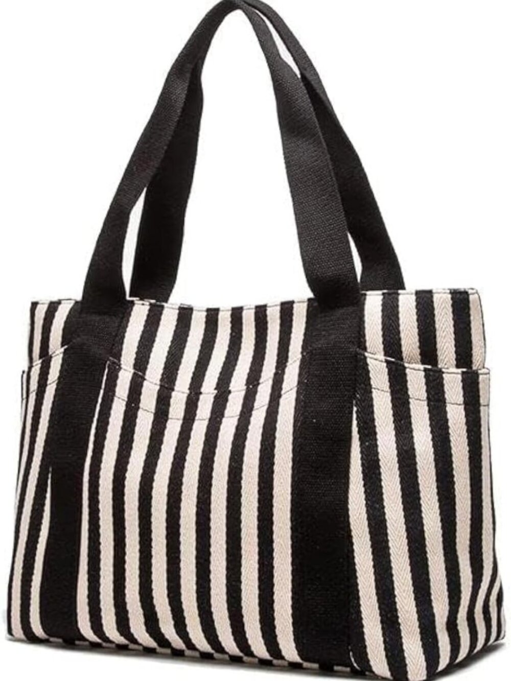 Stylish Striped Canvas Tote Bag for Women, Multi-Pocket Zipper Shoulder Purse